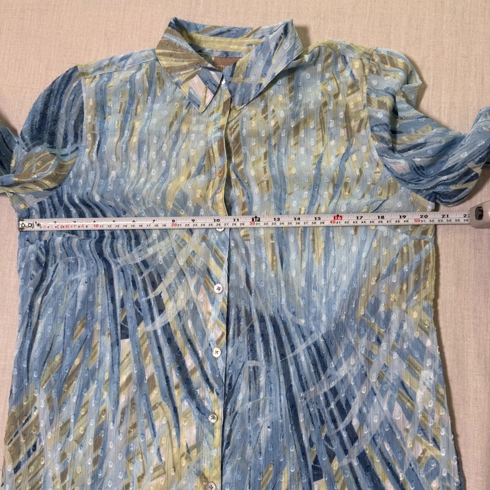 Chico's Abstract Palm Print Clip Dot Metallic Blouse Blue Green Size 1 Medium - Picture 7 of 12